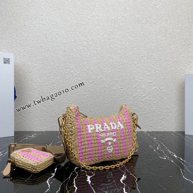 Prada專櫃新款拉菲草三合一女包 1BH204 普拉達純手工編織條紋系列肩背斜挎包 csp1574